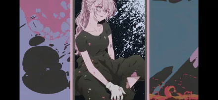 HD PC desktop wallpaper featuring Micchon Shikimori from the anime Shikimori's Not Just a Cutie, depicted with a dark dress and a dynamic, artistic background.