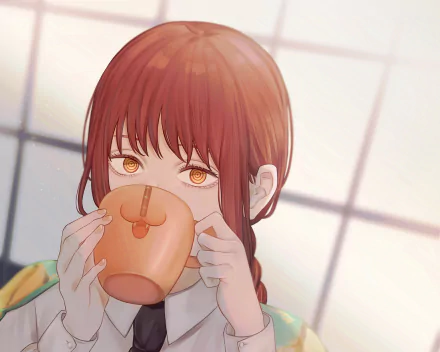 Makima (Chainsaw Man) anime HD PC desktop wallpaper: close-up of Makima sipping from a mug, amber eyes and warm backlit window grid.