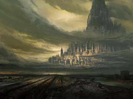 HD PC desktop wallpaper depicting a dark, atmospheric Warhammer 40k cityscape under a stormy sky, blending sci-fi and gothic architecture in a video game-inspired scene.
