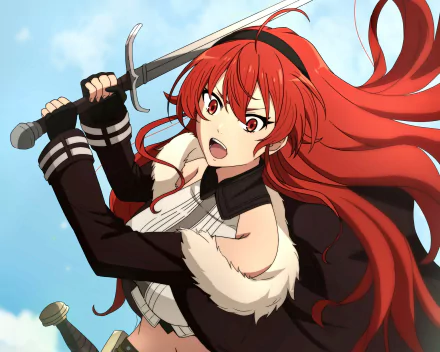 Eris Boreas Greyrat from the anime Mushoku Tensei: Jobless Reincarnation, depicted with flowing red hair and a sword, against a clear blue sky in an HD desktop wallpaper.