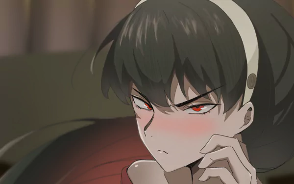 Yor Forger (Spy x Family) anime close-up—blushing, intense red eyes and hand to chin, illustrated as a 2K Quad HD PC desktop wallpaper/background.