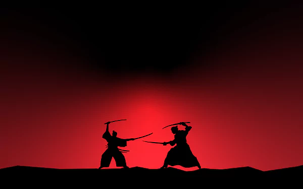 4K Ultra HD PC desktop wallpaper: a red fantasy scene of two samurai silhouettes engaged in a fierce sword fight against a blood-red sky.