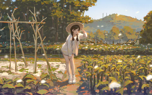 Anime girl in a straw hat crouches in a sunlit ridge field, outdoor scene with warm painterly colors — 4K Ultra HD PC desktop wallpaper background.