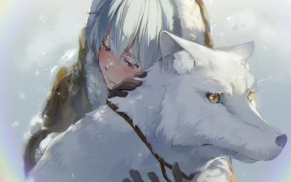 HD PC desktop wallpaper featuring Fushi from the anime To Your Eternity embracing a large white wolf in a snowy setting.