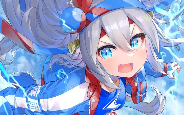 Tamamo Cross from Uma Musume: Pretty Derby — anime girl with silver hair and bright blue eyes in a racing outfit, dynamic mid-run pose with water-spark effects, 4K Ultra HD PC desktop wallpaper/background.