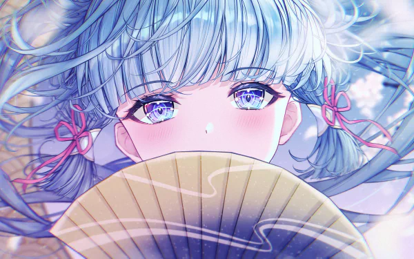 HD PC desktop wallpaper featuring Kamisato Ayaka from the video game Genshin Impact, showcasing her delicate face partially hidden behind a traditional fan.
