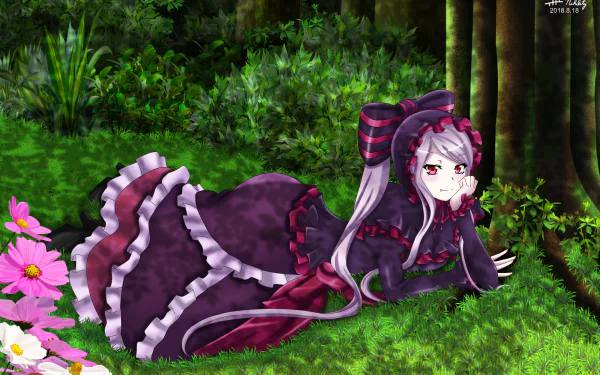 HD PC desktop wallpaper featuring Shalltear Bloodfallen from the anime Overlord, depicted lying on grass in a dark gothic dress amidst a vibrant forest background.