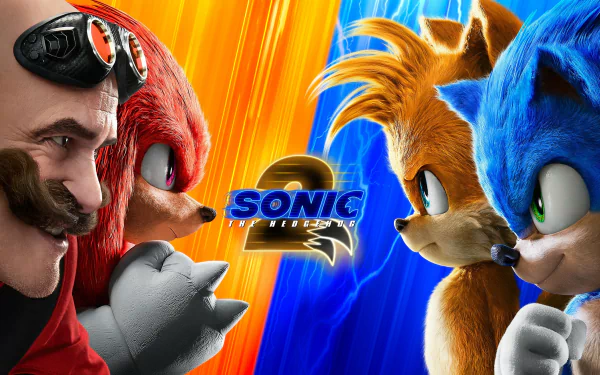 4K Ultra HD Sonic the Hedgehog 2 movie wallpaper featuring Sonic, Tails, Knuckles, and Doctor Eggman facing off against each other.