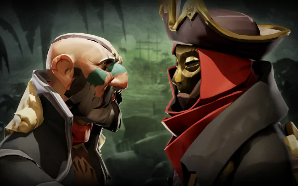 Sea of Thieves video game HD PC desktop wallpaper and background: two pirates, one scarred and painted and one masked with a tricorn hat, face off against a foggy green backdrop.