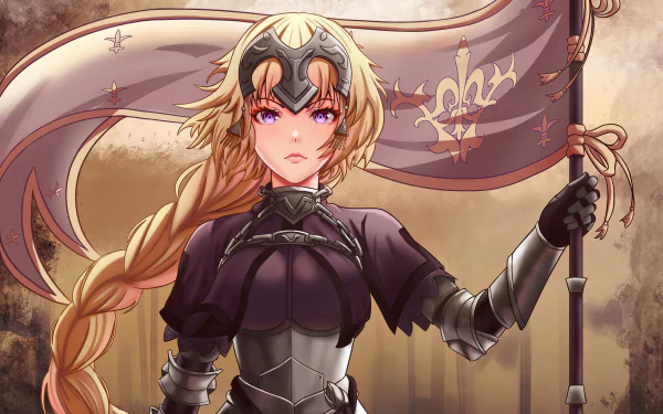 Jeanne d'Arc (Ruler, Fate/Apocrypha) in ornate anime armor, gripping a banner against a dramatic sky — 4K Ultra HD PC desktop wallpaper, Fate/Grand Order.