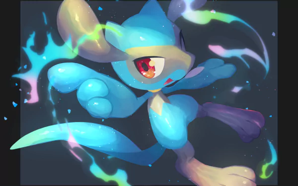 Riolu (Pokémon) in a dynamic, glowing blue pose with colorful energy ribbons — video game artwork, 2K Quad HD PC desktop wallpaper/background.