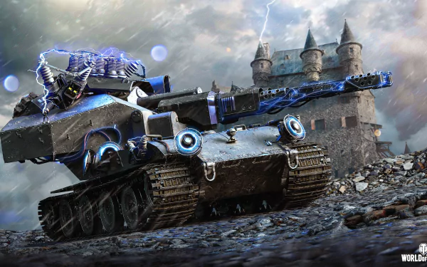 World of Tanks video game 4K Ultra HD PC desktop wallpaper/background: electrified battle tank advances across rubble toward a stormy sky and crumbling castle.