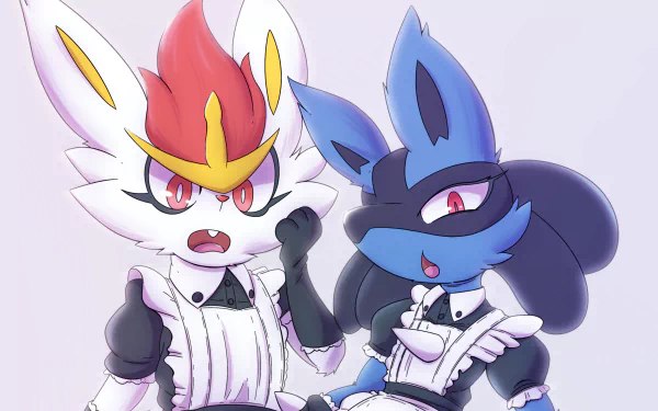 HD PC desktop wallpaper featuring Cinderace and Lucario from Pokémon: Sword and Shield, dressed in maid outfits, styled in vibrant video game art.