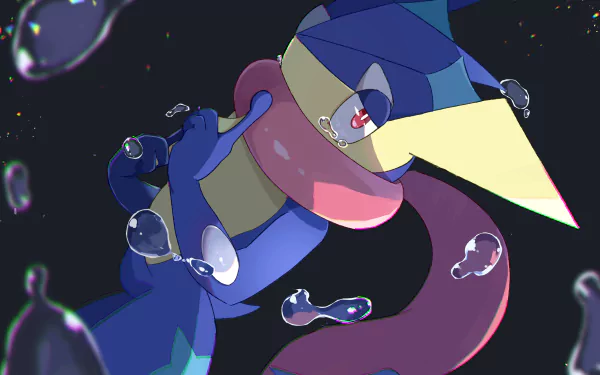 HD PC desktop wallpaper featuring Greninja, the water and ninja-inspired Pokémon, set against a dark background with water droplets.