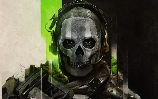 HD desktop wallpaper of a character wearing a skull mask and headset from the video game Call of Duty: Modern Warfare II. Dark and intense background with green highlights.