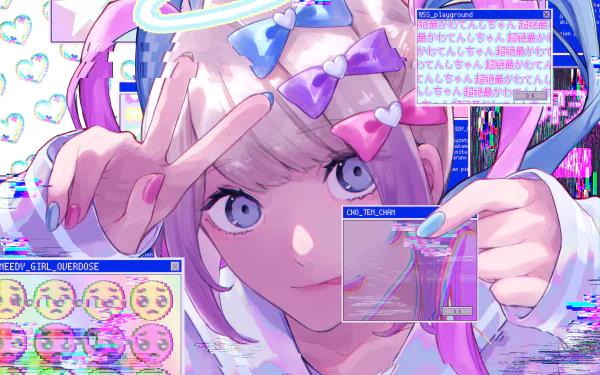 Vibrant 4K PC wallpaper of OMGkawaiiAngel-chan from NEEDY GIRL OVERDOSE: close-up pastel cyberpunk girl with halo, heart bows, glitch UI elements and expressive blue eyes.
