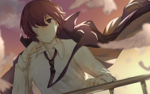 HD anime wallpaper featuring Osamu Dazai from Bungou Stray Dogs, depicted with a thoughtful expression and flowing scarf against a dramatic sky backdrop.