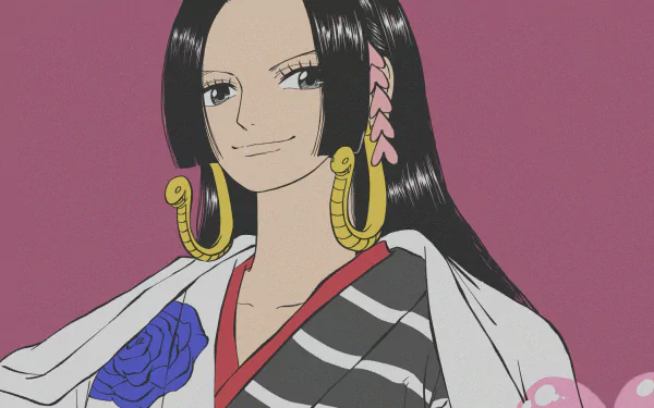 HD PC desktop wallpaper of Boa Hancock (One Piece) — confident smile, long black hair, gold earrings, striped kimono with a blue rose against a mauve background.