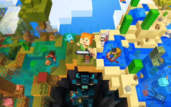 4K Ultra HD Minecraft wallpaper featuring characters exploring diverse biomes, showcasing vivid blocky terrain above and underwater environments.