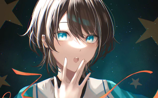 4K Ultra HD PC desktop wallpaper: hololive virtual YouTuber Oozora Subaru in anime style, close-up with teal eyes, short dark hair and ribboned starry background.