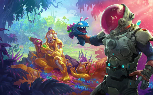 HD PC desktop wallpaper from the video game High on Life, featuring a colorful alien landscape with a sci-fi armored character holding a quirky creature.