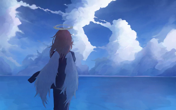 Angel Devil (Chainsaw Man) stands at a tranquil ocean shore, halo and feathered wings framed by sweeping blue clouds — 4K Ultra HD anime PC desktop wallpaper/background.