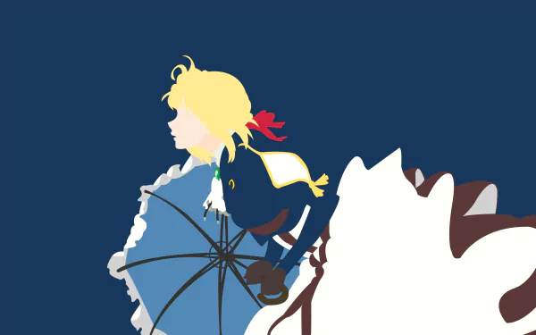 Minimalist 4K Ultra HD anime wallpaper featuring Violet Evergarden holding an umbrella against a solid navy background.