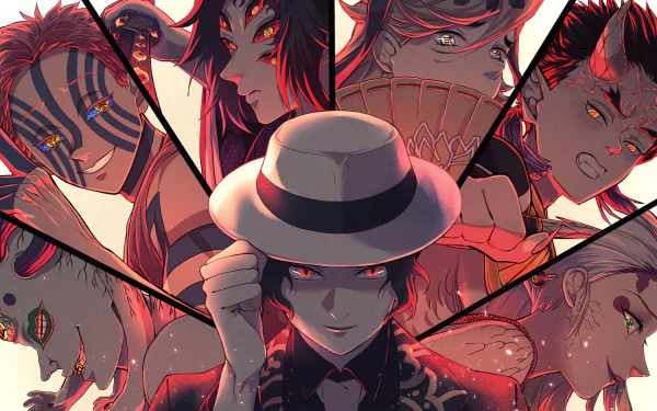 A striking HD wallpaper featuring Muzan Kibutsuji from the anime Demon Slayer: Kimetsu no Yaiba, surrounded by a dramatic cast of powerful demons.