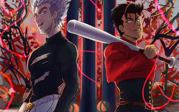 HD PC wallpaper: Metal Bat (One-Punch Man) and Garou (One-Punch Man) back-to-back, Metal Bat gripping a baseball bat, intense blood-red stylized anime background.