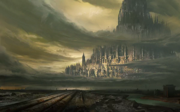 HD PC desktop wallpaper depicting a dark, atmospheric Warhammer 40k cityscape under a stormy sky, blending sci-fi and gothic architecture in a video game-inspired scene.