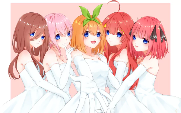 Anime-style 4K Ultra HD wallpaper featuring the five brides from The Quintessential Quintuplets, each wearing elegant white wedding dresses against a soft pink background.