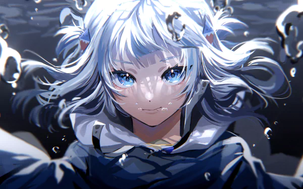 4K Ultra HD PC wallpaper featuring Gawr Gura, the iconic hololive Virtual YouTuber, depicted in vibrant anime style with striking blue eyes and flowing silver hair.