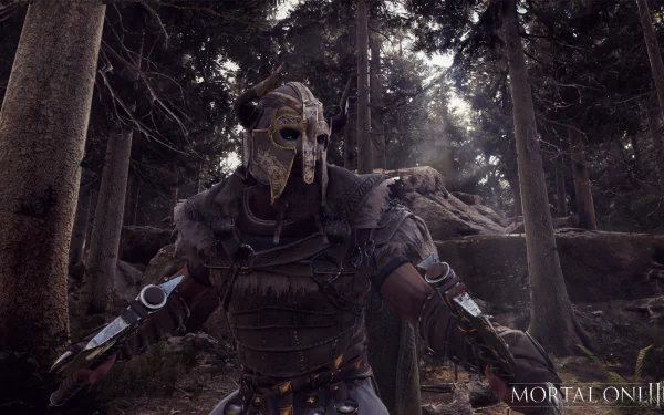 A fierce warrior wearing a detailed mask stands ready for battle in a forest setting, capturing the essence of Mortal Online 2 in this HD desktop wallpaper.