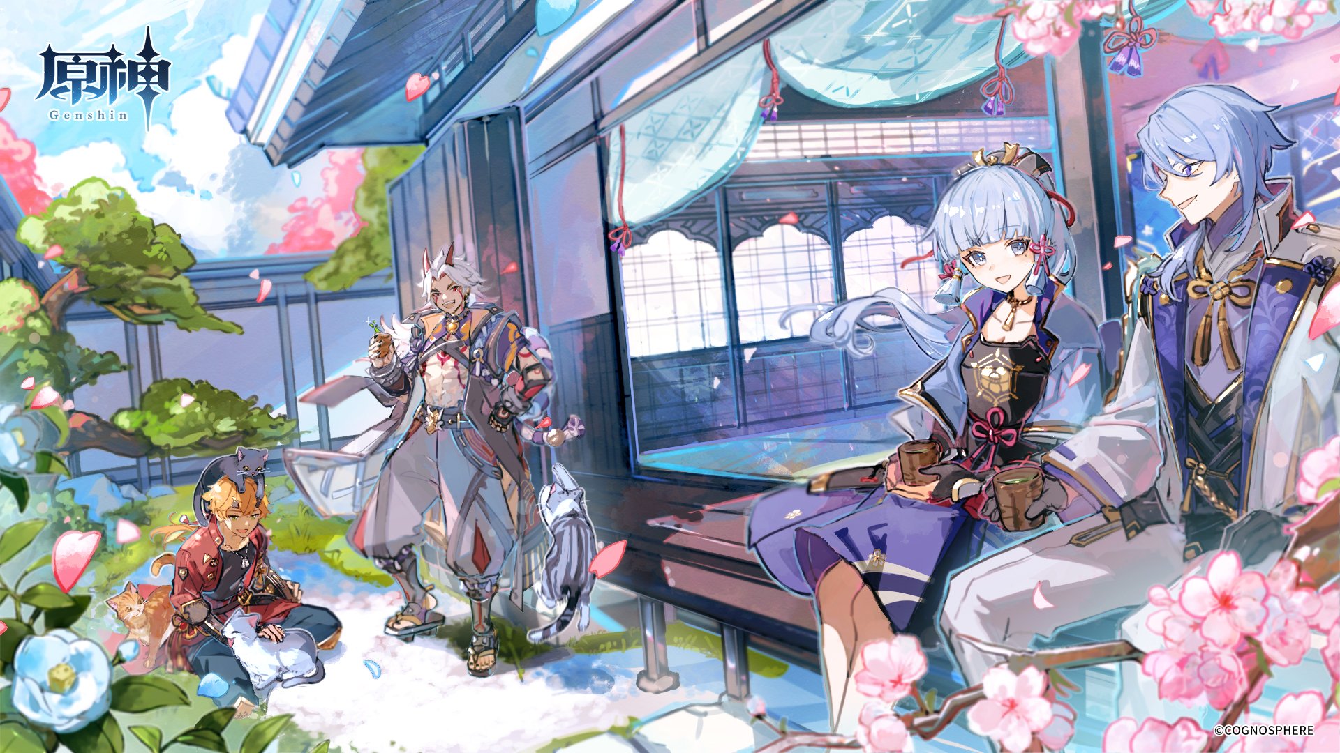HD PC desktop wallpaper featuring Kamisato Ayato, Kamisato Ayaka, Arataki Itto, and Thoma from the video game Genshin Impact in a serene cherry blossom setting.