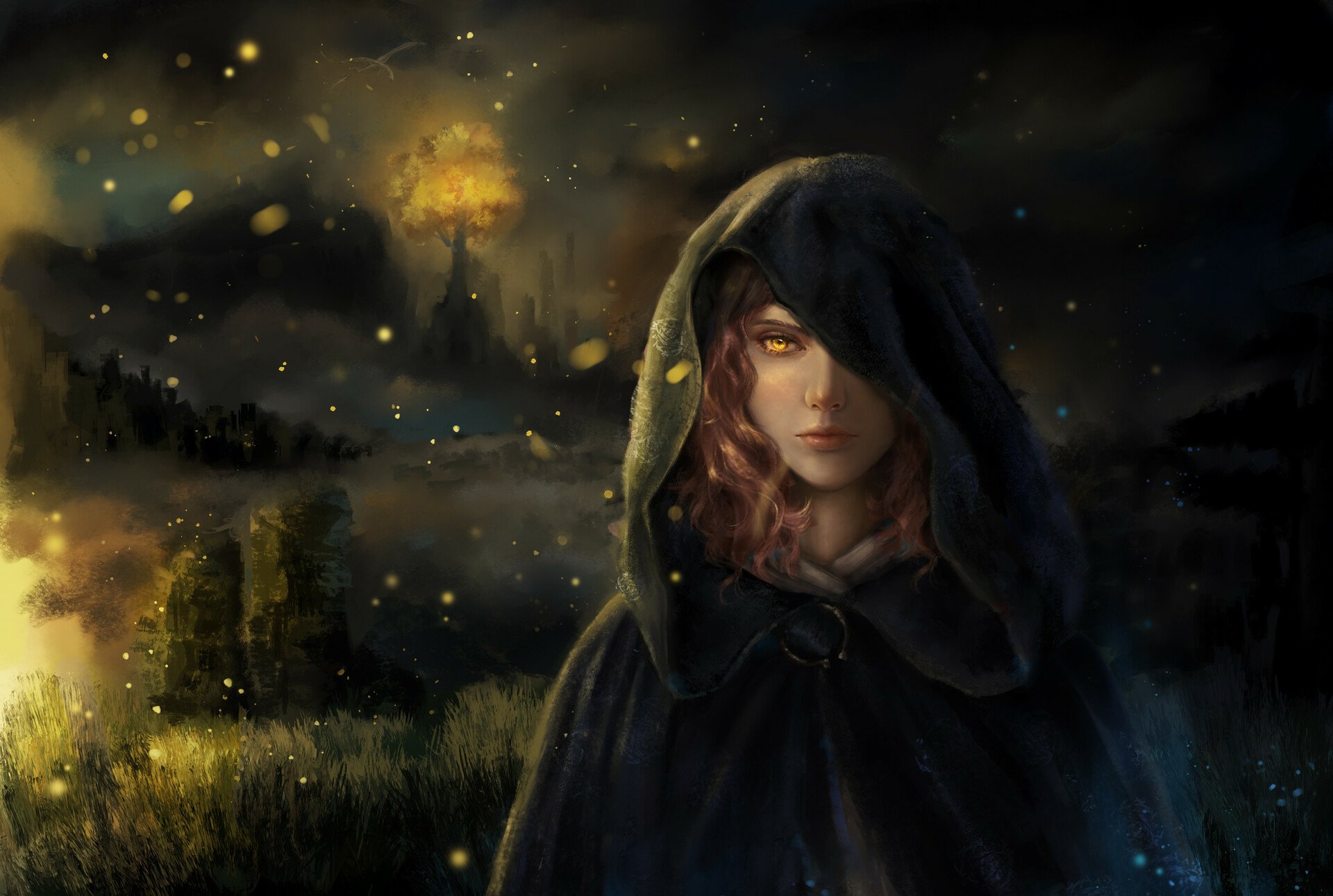 Melina (Elden Ring) hooded and glowing-eyed at night, fiery ruined landscape behind her — HD PC desktop wallpaper/background from the Elden Ring video game.