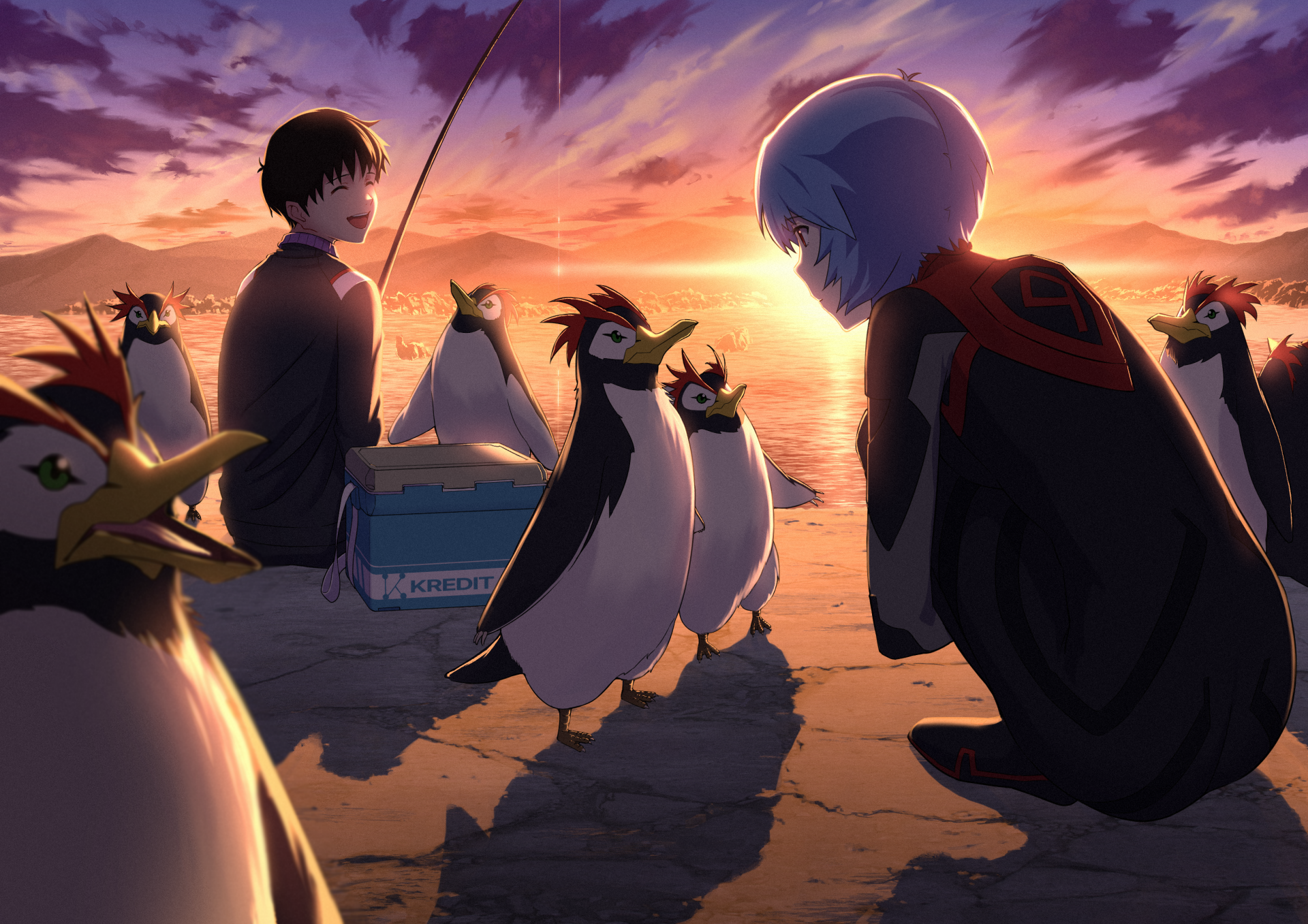 HD anime desktop wallpaper featuring Rei Ayanami and another character from Neon Genesis Evangelion surrounded by penguins at sunset.