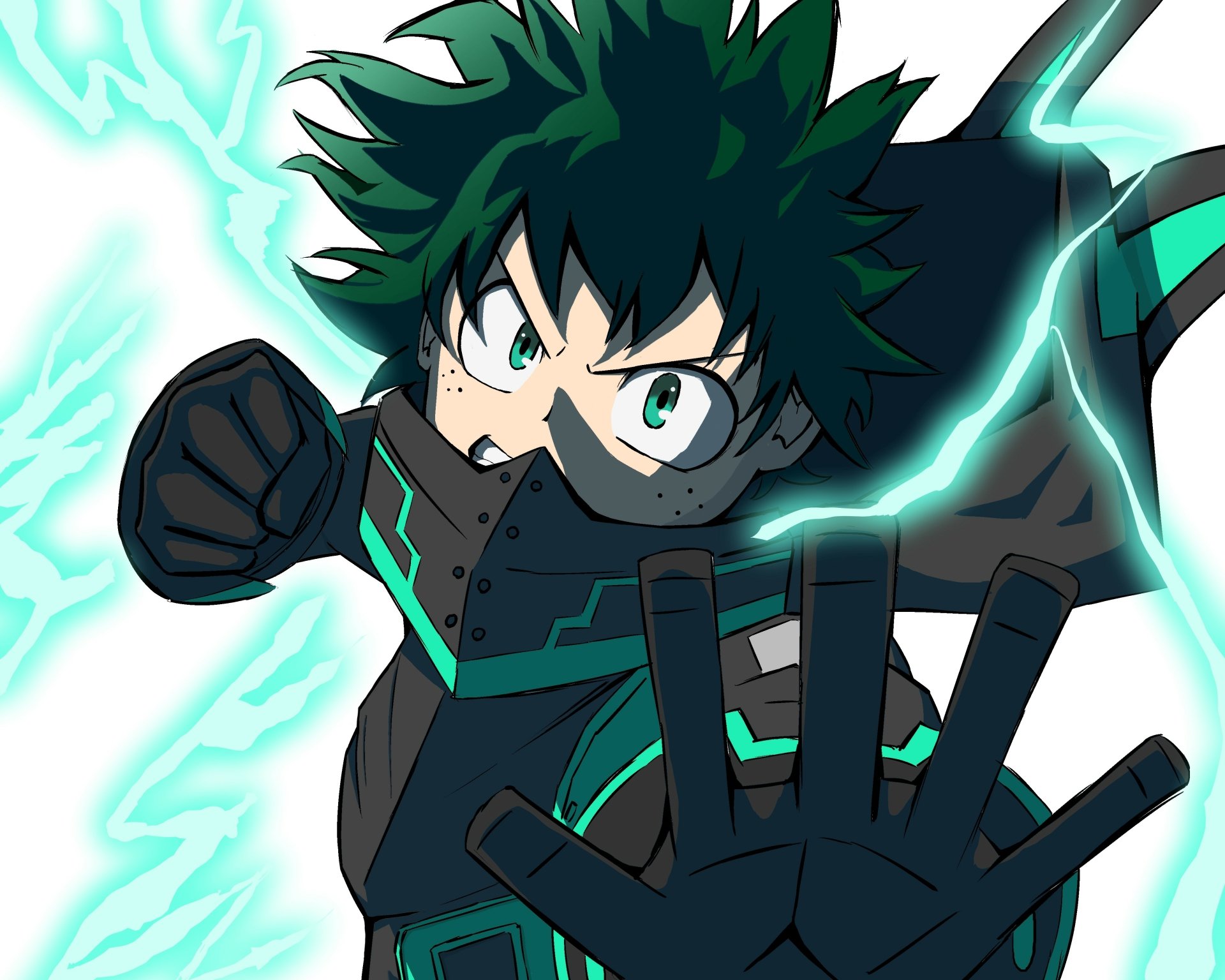 Izuku Midoriya from My Hero Academia in dynamic action pose with glowing green energy, captured in a vibrant 4K Ultra HD anime PC desktop wallpaper.