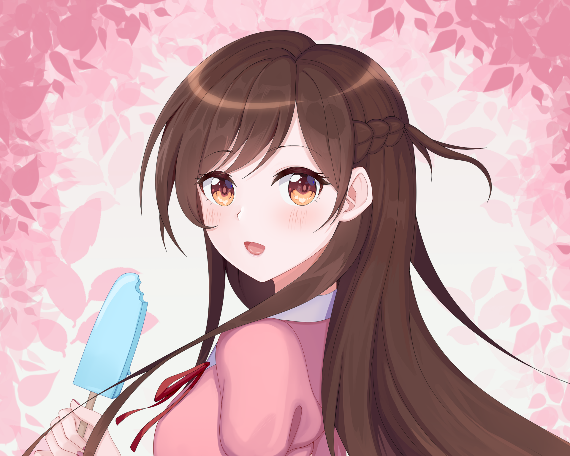 Chizuru Ichinose from Rent-A-Girlfriend holds a blue popsicle against a soft pink floral background in this 4K Ultra HD anime desktop wallpaper.