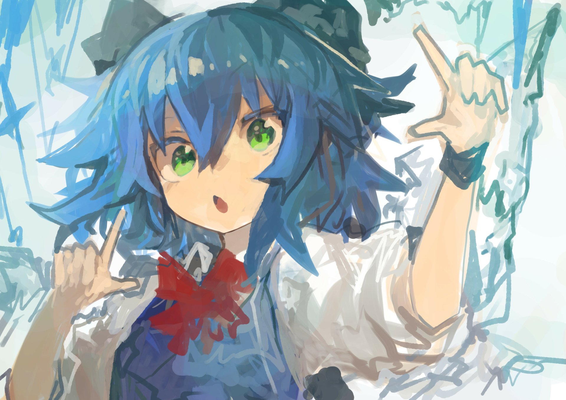 Cirno (Touhou) anime illustration: blue‑haired, green‑eyed fairy with red bow and icy motifs in loose painterly strokes — 4K Ultra HD PC desktop wallpaper/background.