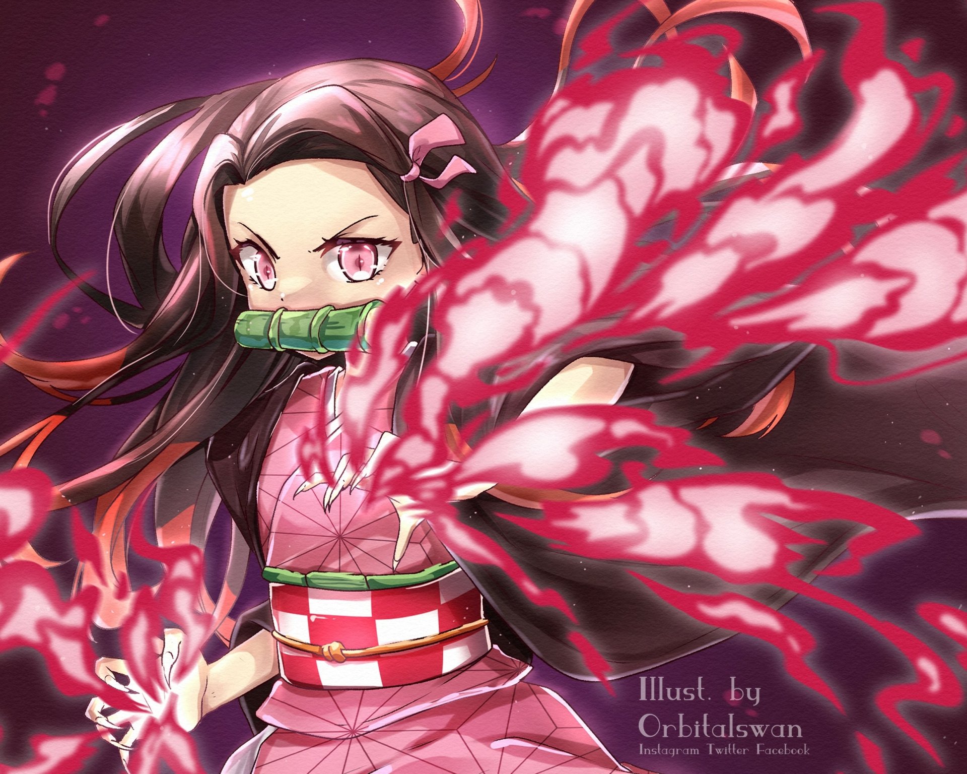 HD PC desktop wallpaper featuring Nezuko Kamado from Demon Slayer: Kimetsu no Yaiba, surrounded by vibrant pink and red demon energy effects.