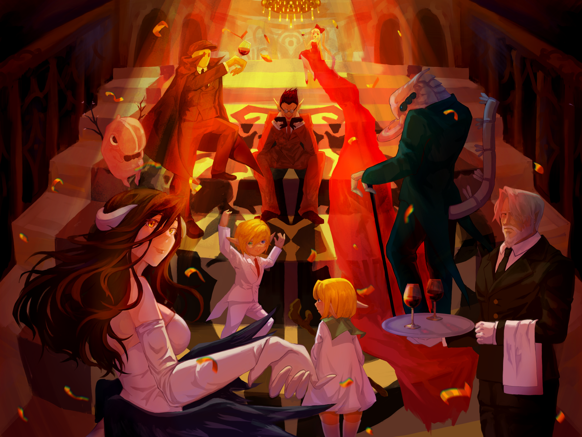 4K Ultra HD anime wallpaper featuring Albedo and other characters from Overlord in a dramatic, dimly lit setting with rich, warm tones.