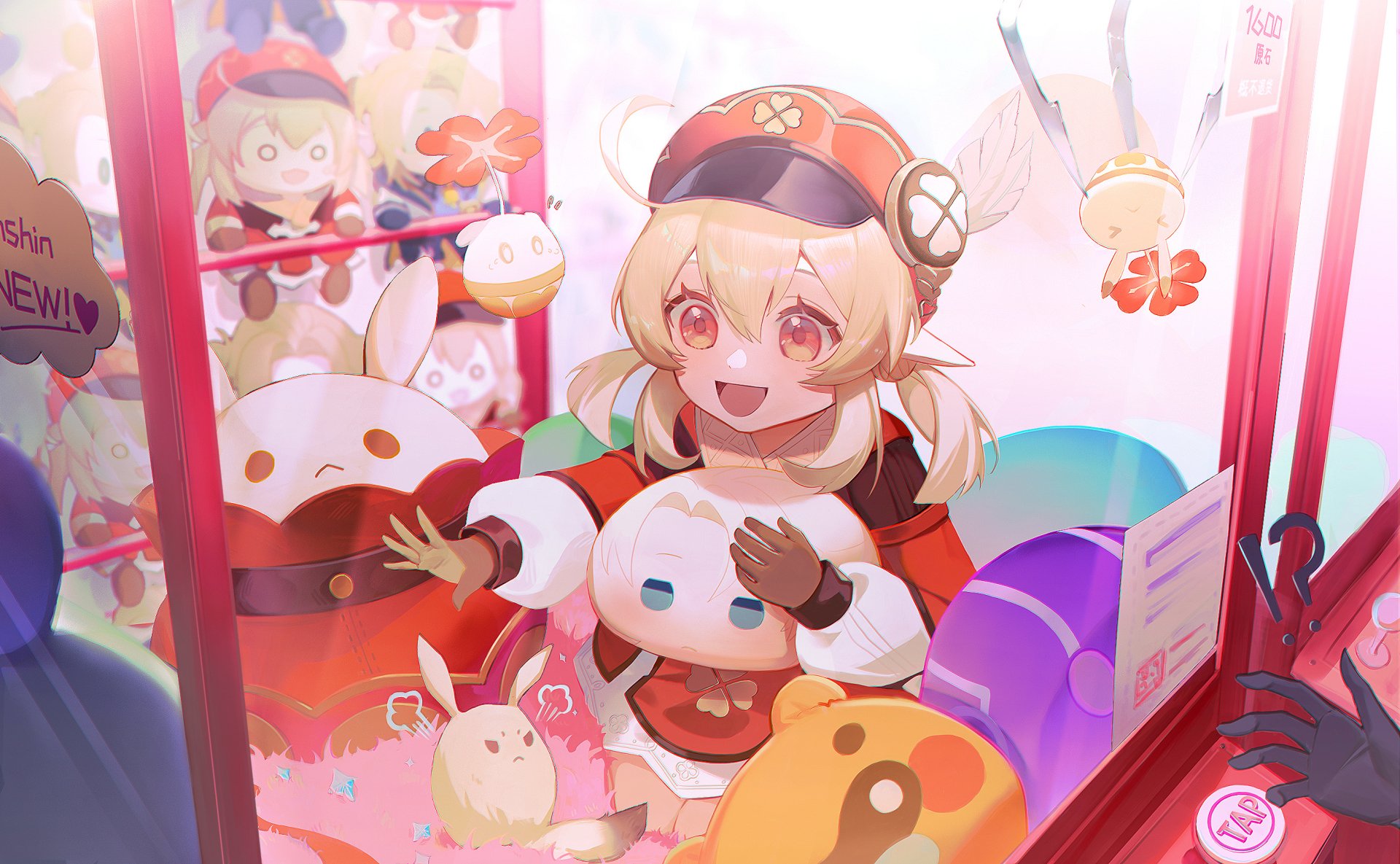 Klee (Genshin Impact) in a colorful claw-machine scene with plushies and confetti — 2K Quad HD PC desktop wallpaper and background.
