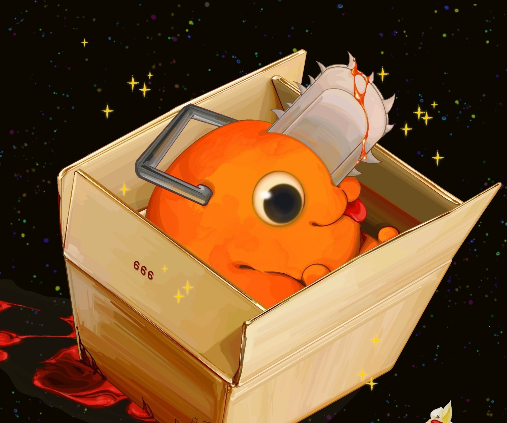 HD PC desktop wallpaper featuring Pochita from the anime Chainsaw Man, depicted as a cute orange creature with a chainsaw blade in a cardboard box against a starry background.