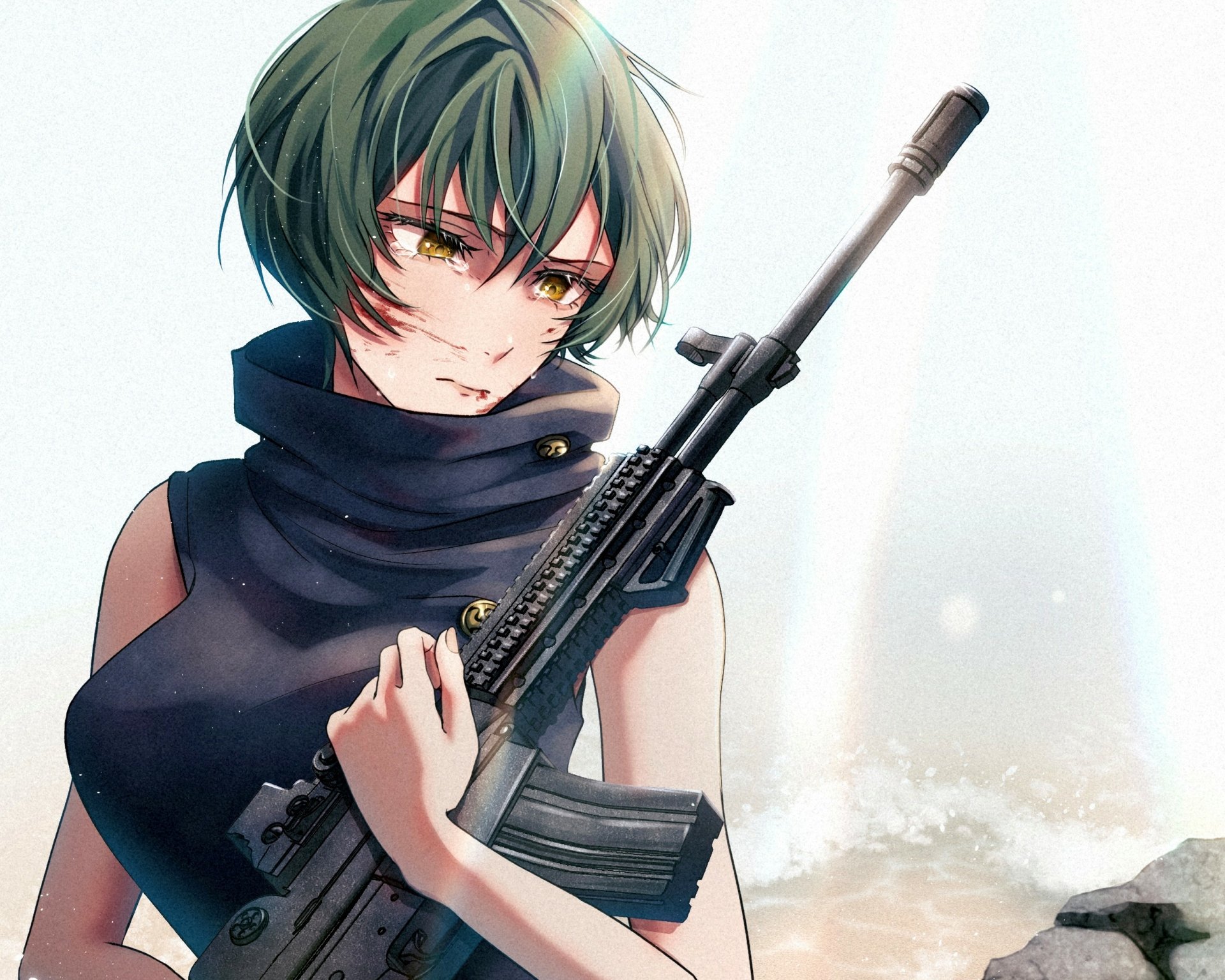 HD PC desktop wallpaper featuring Maki Zenin from the anime Jujutsu Kaisen, holding a rifle with a determined expression against a light background.