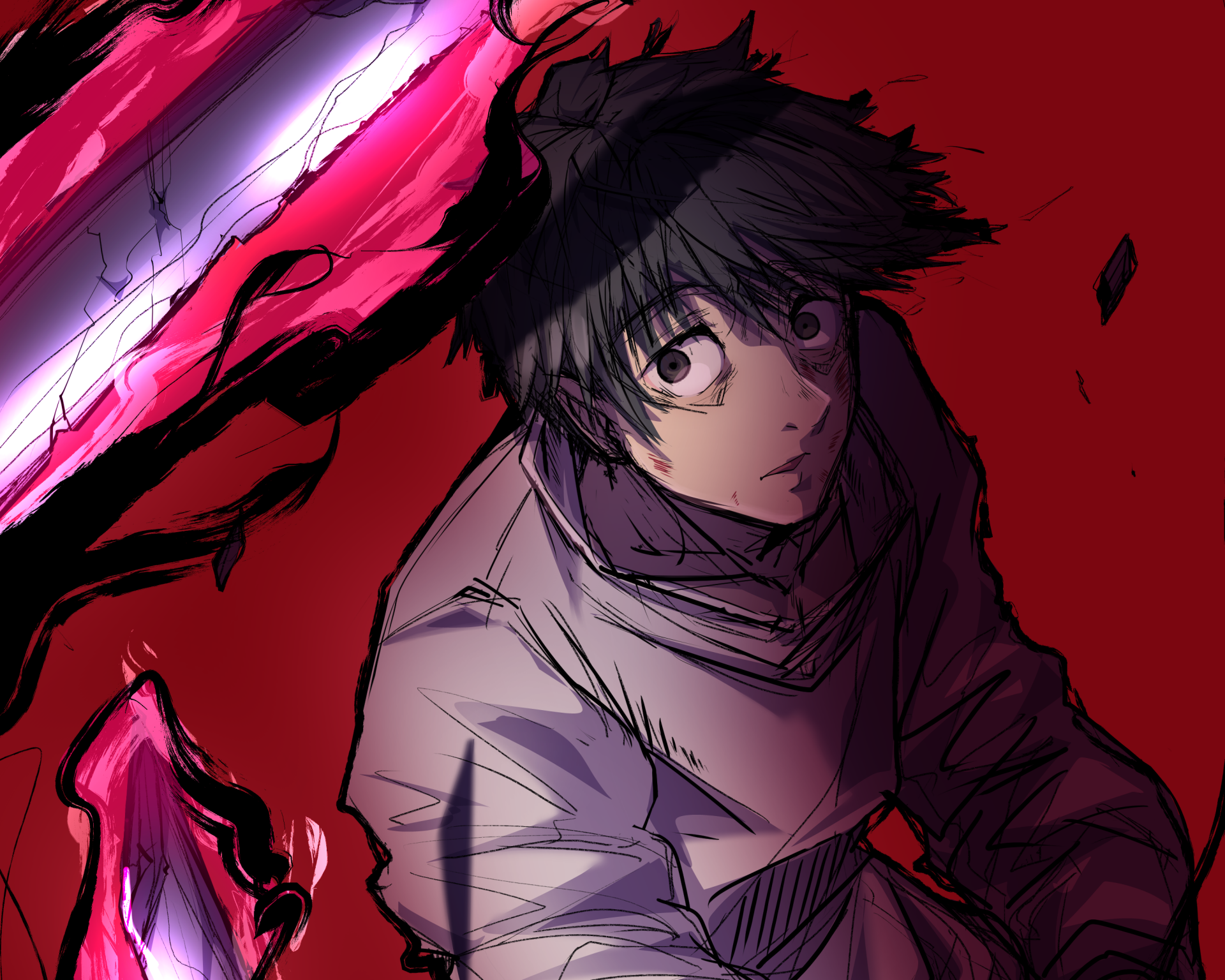 HD PC desktop wallpaper featuring Yuta Okkotsu from the anime Jujutsu Kaisen 0, capturing a dramatic and intense moment with vivid red and black tones.