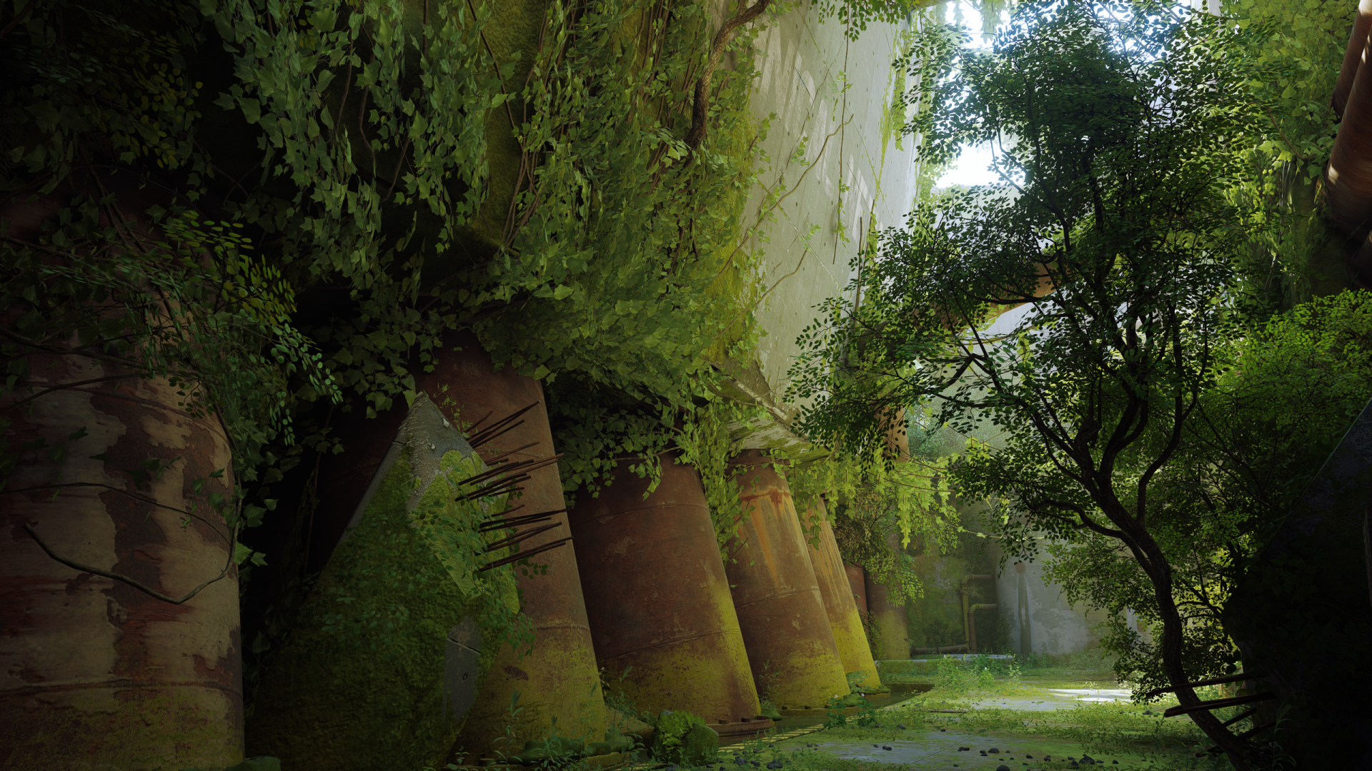 HD PC desktop wallpaper featuring a lush, overgrown urban scene from the video game Stray, showcasing nature reclaiming a concrete structure bathed in soft sunlight.