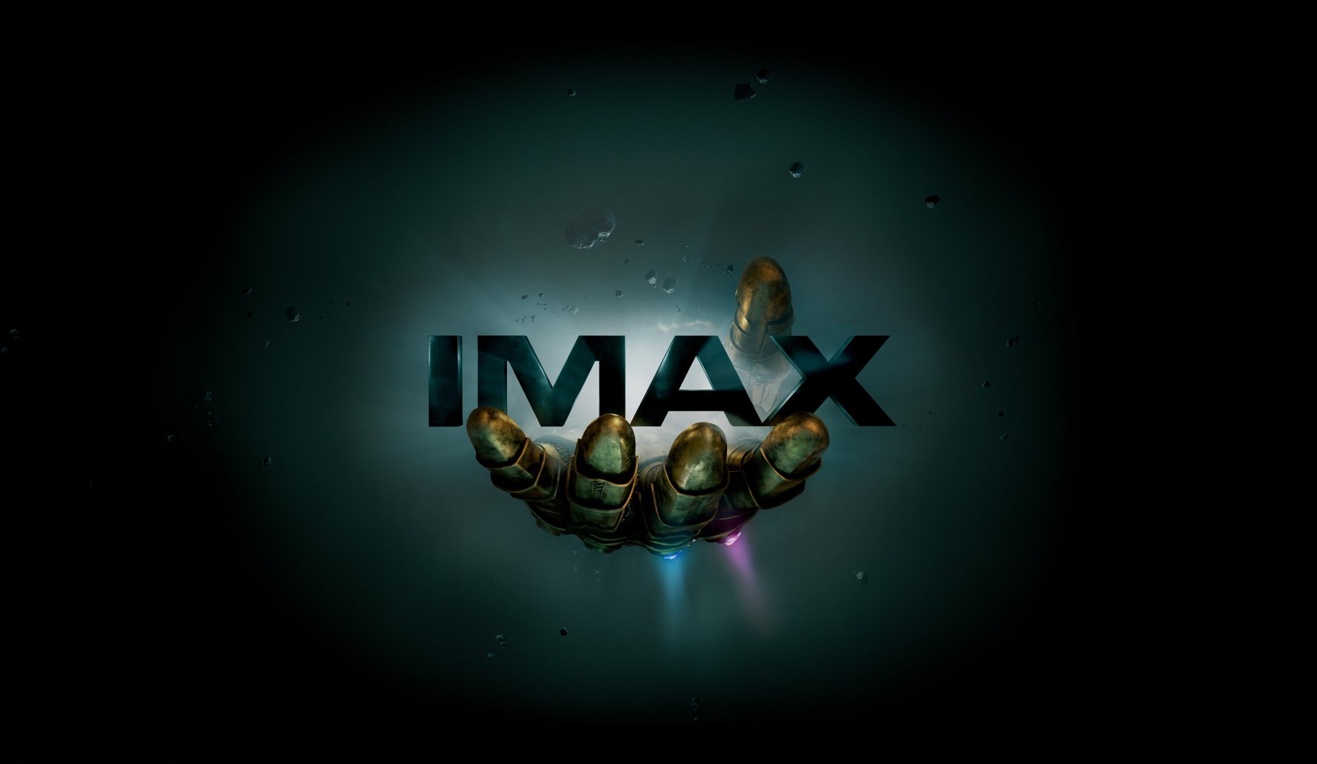 HD wallpaper featuring Thanos' Infinity Gauntlet from Avengers: Infinity War, with an IMAX logo in the center. The dark background emphasizes the glowing Infinity Stones.