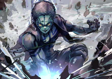 HD PC desktop wallpaper featuring Akaza from the anime Demon Slayer: Kimetsu no Yaiba in an intense battle stance with dynamic energy effects.