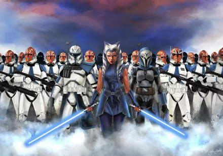 HD PC desktop wallpaper featuring Ahsoka Tano and Mandalorian warriors in a Star Wars sci-fi setting, with blue lightsabers and armored clone troopers.