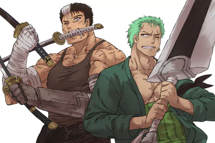 HD anime desktop wallpaper featuring a crossover of Guts from Berserk and Roronoa Zoro, both wielding their iconic swords and ready for battle.
